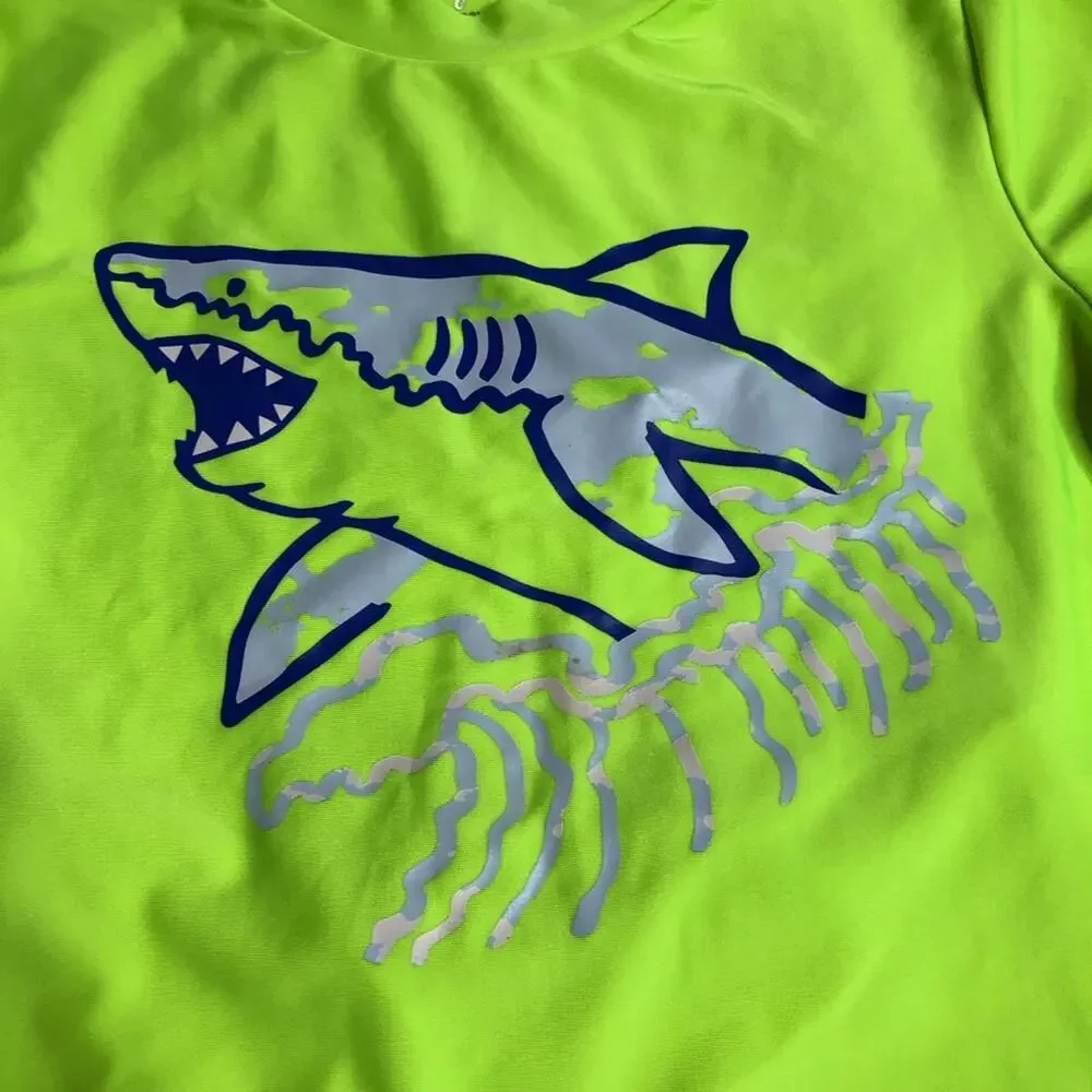 Cat & Jack blue yellow white shark rash guard swim trunk set size Large 10-12